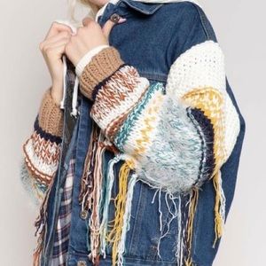 New With Tags POL Jean Jacket with sweater fringe sleeves